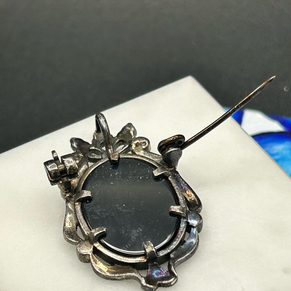 Vintage 925 Sterling silver Left Facing Cameo brooch pendant pin #394 MOP onyx - Picture 8 of 11